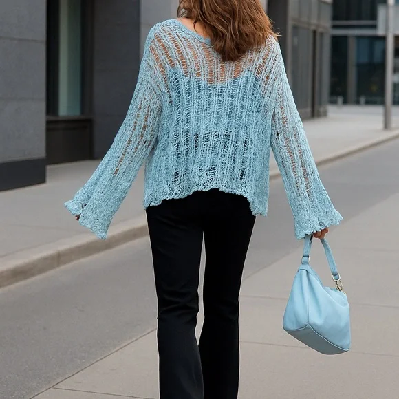 NWT POL Light Blue Distressed Open Knit Outseam Popover - Picture 5 of 5